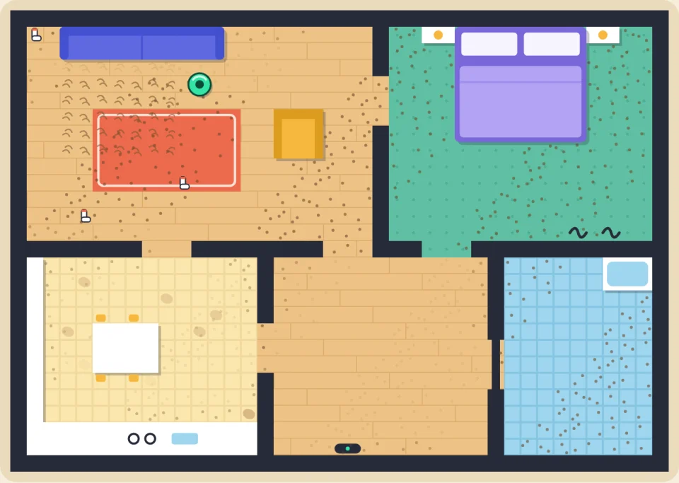 A toy-town home seen from above: a living room with a sofa and rug, a bedroom, a kitchen and a bathroom, with a robot vacuum cleaning
